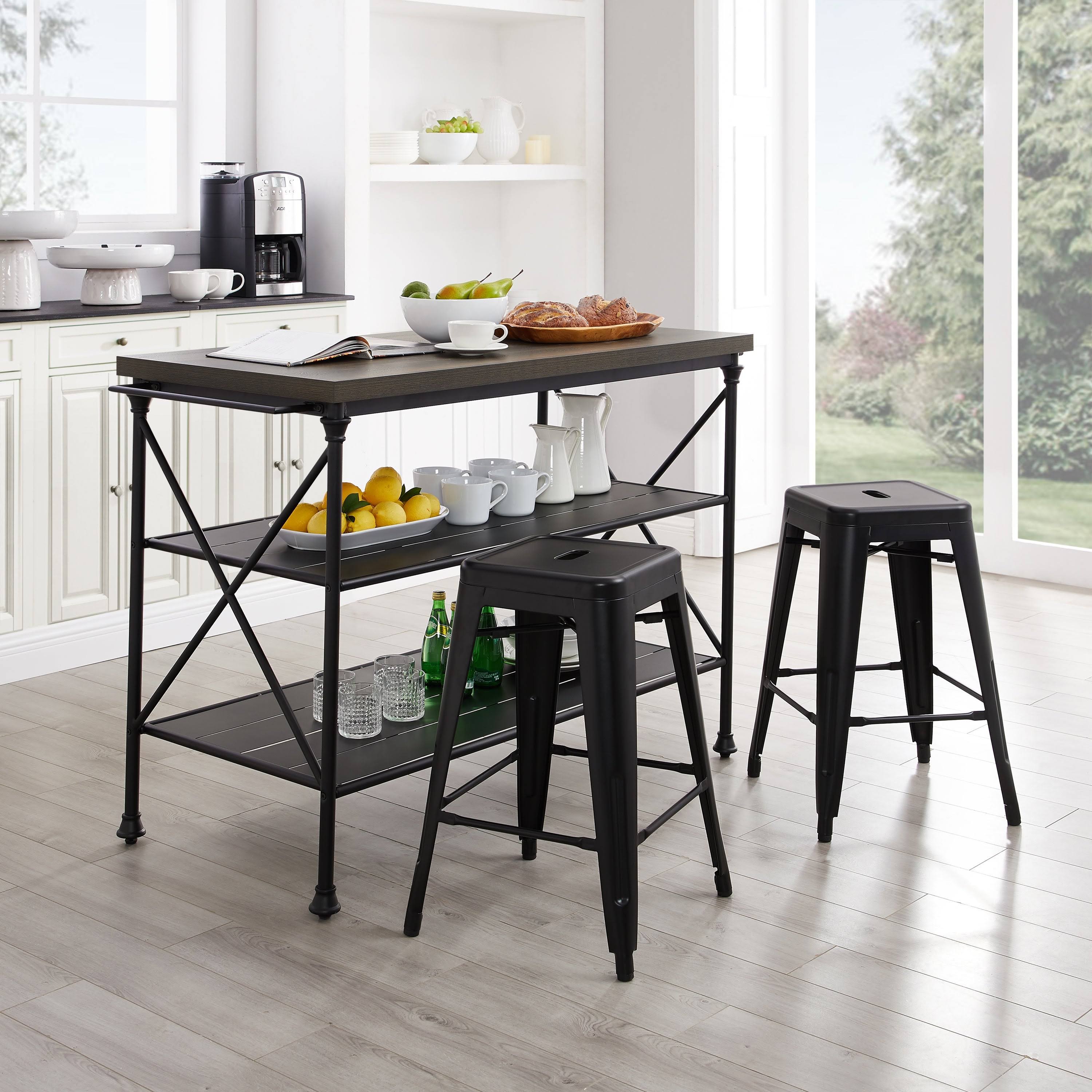 Crosley MADELEINE 3 Piece Kitchen Island 2 Stools Set Brown Black