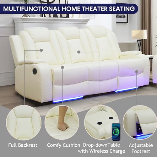 Leather Recliner Sofa Set with LED Lights,Power Reclining Sofa with USB Port/Wireless Charger/Storage Console/Cup Holder for Living Room/House/Home Theater(3 Piece Set,Black)