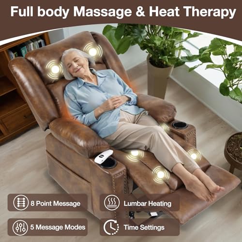Large Power Lift Recliner Chair for Elderly with Heat and Massage, Lift Chairs for Seniors, 3 Positions, Breathable Leather, USB Ports, Cup Holder,Side Pocket, Light Brown