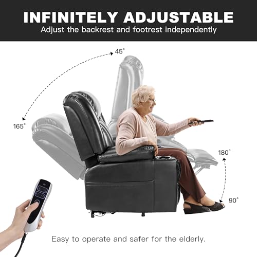 Small Dual Motor Power Lift Chairs Recliners for Elderly with Heat and Massage, Infinite Position Adjustable Lift Chair, Breathable Leather, USB Port, Side Pockets (Black)