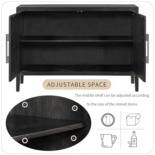 P PURLOVE Sideboard Storage Cabinet with 4 Doors, Retro Large Storage Space Buffet Cabinet with Adjustable Shelves, Sideboard for Hallway, Entryway, Living Room, Dining Room (Black)