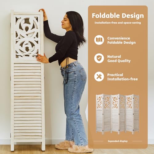 Folding Room Divider, 5.6Ft 6 Panels Wood Carved Privacy Screens, Free Assembled Freestanding Portable Reversible Functional Decorative Partition for Home Office Bedroom (White-Washed)