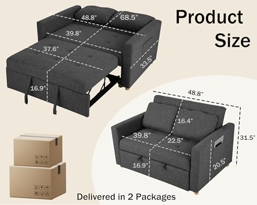 Sleeper Sofa, 3-in-1 Convertible Pull Out Couch Bed Futon Sofa, Linen Fabric Loveseat with 2 Pillows Adjustable Backrest, Chaise Lounge for Small Spaces Apartment Dorm, Sky Blue