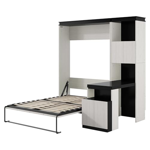 MERITLINE Full Murphy Bed with Desk & Storage Bookcase Shelves, White Wood Murphy Bed Cabinet Folding Wall Unit