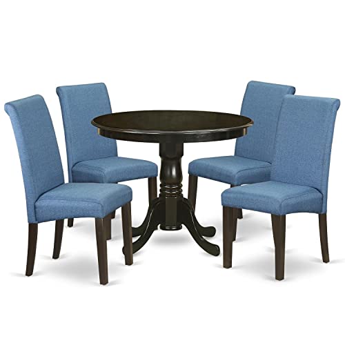 East West Furniture ANBA3-OAK-02 3 Piece Kitchen Set Contains a Round Dining Room Table with Pedestal and 2 Light Beige Linen Fabric Parson Chairs, 36x36 Inch