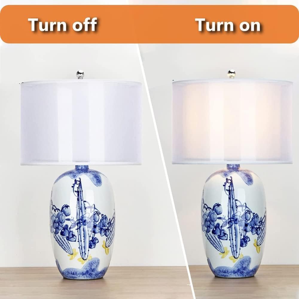 Chinese Blue and White Porcelain Table Lamp Porcelain Temple Jar Blue Floral White Drum Shade Decor Reading Light for Living Room Bedroom House Bedside Home Office E26/27 Base