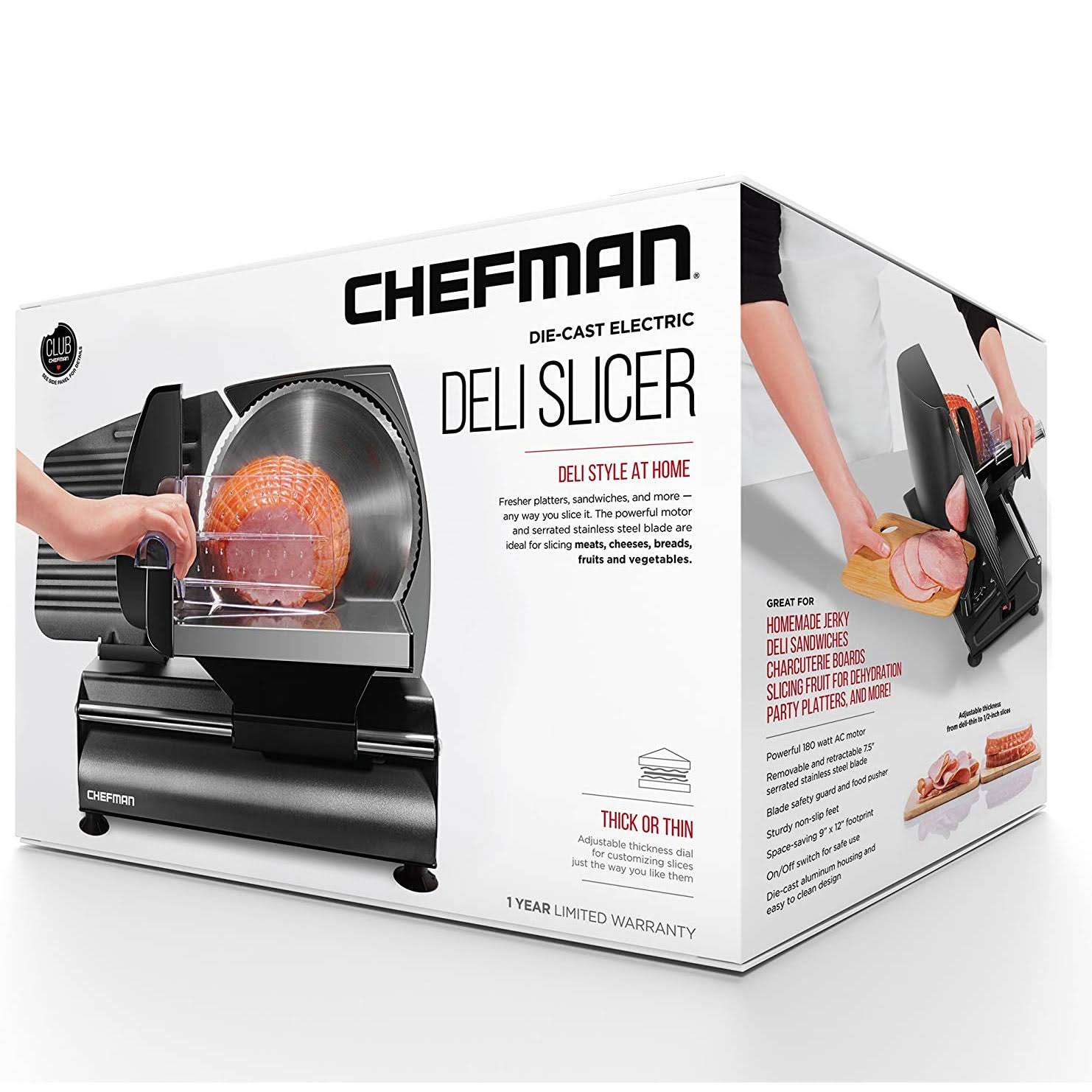 Chefman Die-Cast Electric Deli Food Slicer Serrated Stainless Steel Blade Black