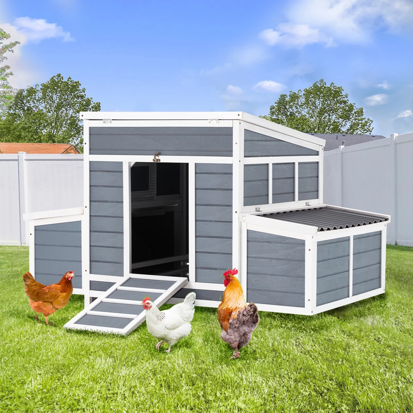 YODOLLA Chicken Coop 56" Large Wooden Chicken Hutch with 6 Nesting Boxes Outdoor Hen House Chicken Cage w/Ramps, Removable Tray for Easy Cleaning - Curated Treasures Market