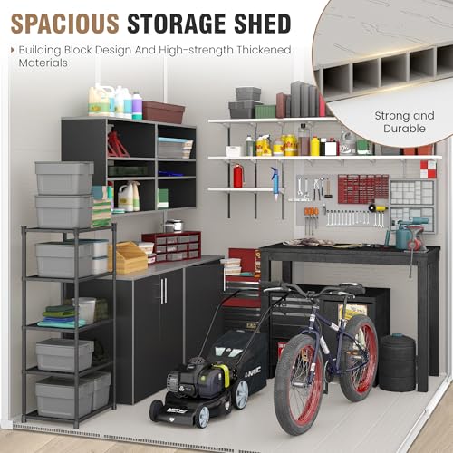 Outdoor Storage Shed, 6x6 FT Resin Shed with Floor and Lockable Door, Window, Vents, Tool Sheds and Outdoor Storage for Bike, Garden Accessories, Tools, Waterproof (Grey & White)