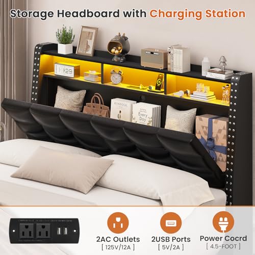 SEDETA Full Size Bed Frame with Headboard & 4 Drawers, LED Bed Frame with Charging Station, Upholstered Bed with Storage Headboard, No Box Spring Needed, Easy Assembly, Grey