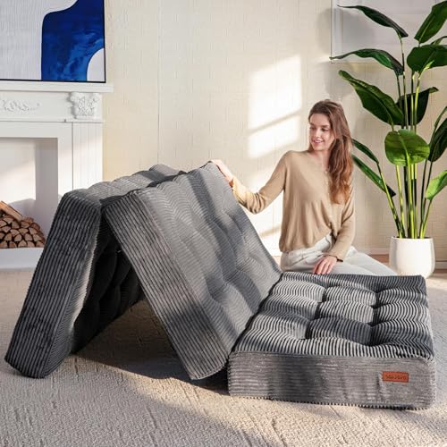 MAXYOYO Tri-Fold Mattress, 6 Inch Tufted Folding Mattress Full Foam Bed, Foldable Floor Mattress Guest Bed Mattress Topper Portable Camping Sleeping Bed with Corded Fabric, Black, 53"x75"