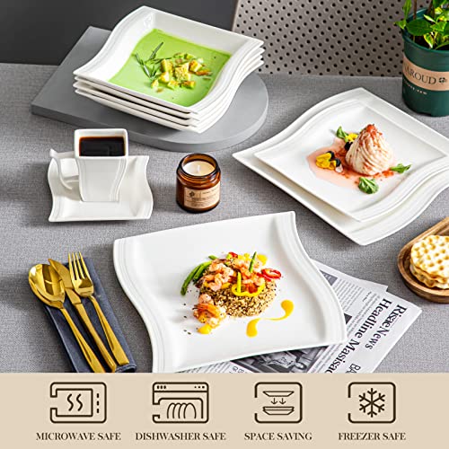 MALACASA Ivory White Dinnerware Sets, 60 Piece Kitchen Plates and Bowls Sets for 12, Porcelain Dish Set with Dinner Plates Set, Cups and Saucers, Square Dishes Dinnerware Set, Series Flora