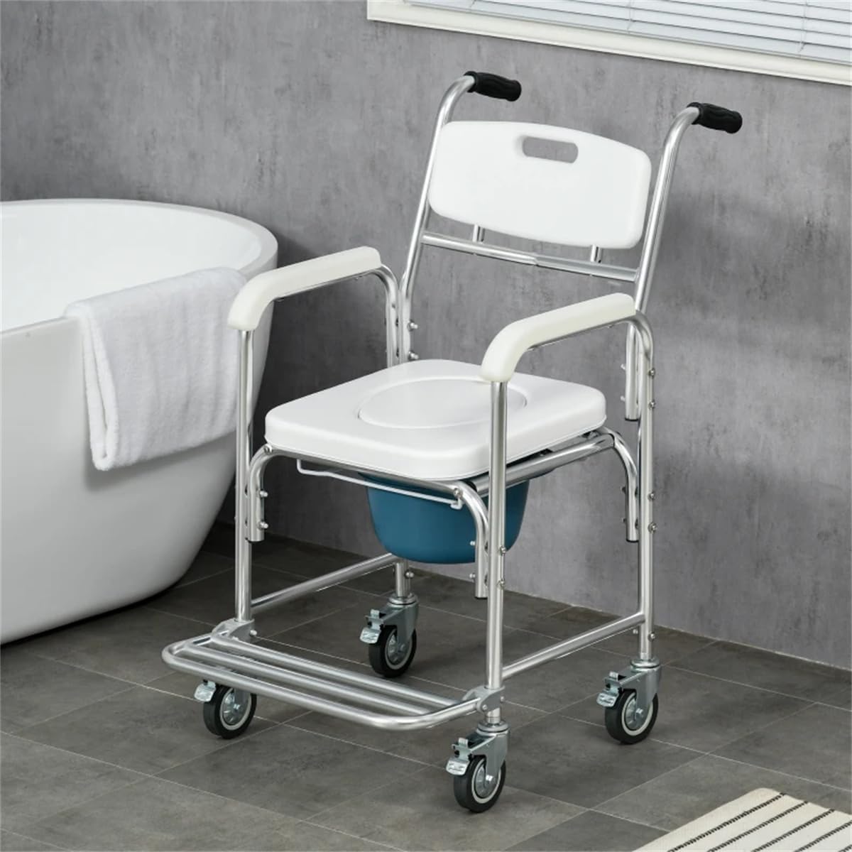 Rolling Shower Wheelchair with Commode, 4 Lockable Wheels - Adjustable for Adults, Elderly, Inside Shower Use, WHITE