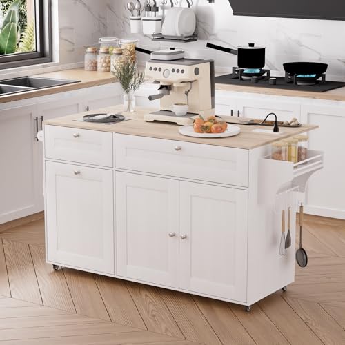 Kitchen Island on Wheels with Storage and Power Outlet, Kitchen Island with Trash Can Storage Cabinet and Drop Leaf, with Spice Rack & Towel Rack, Rolling Island Cart for Kitchens (Black)