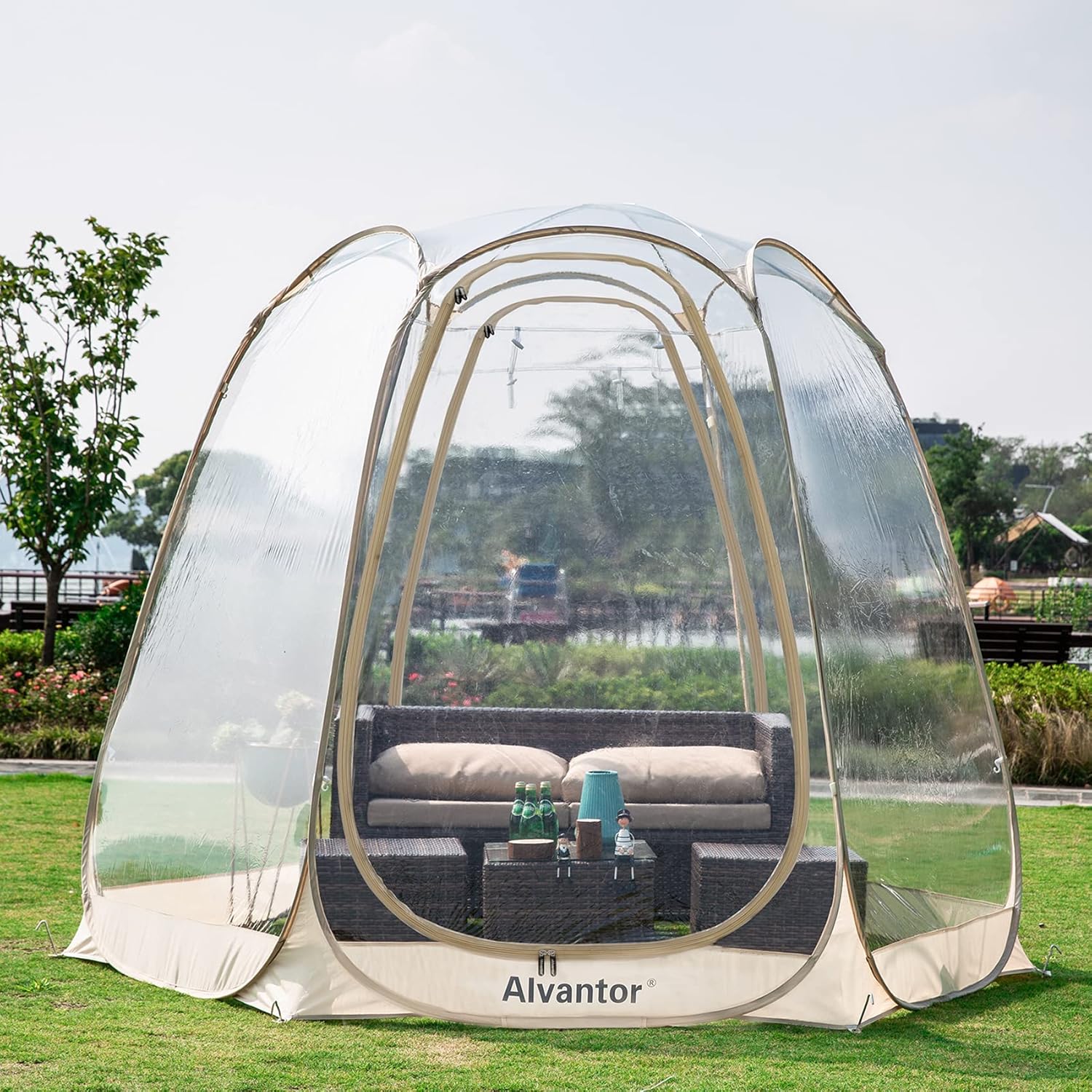 Alvantor Pop Up Bubble Tent - 10’ x 10’ Instant Igloo Tent - 4-6 Person Screen House for Patios - Large Oversize Weather Proof Pod - Cold Protection Camping Tent - Beige