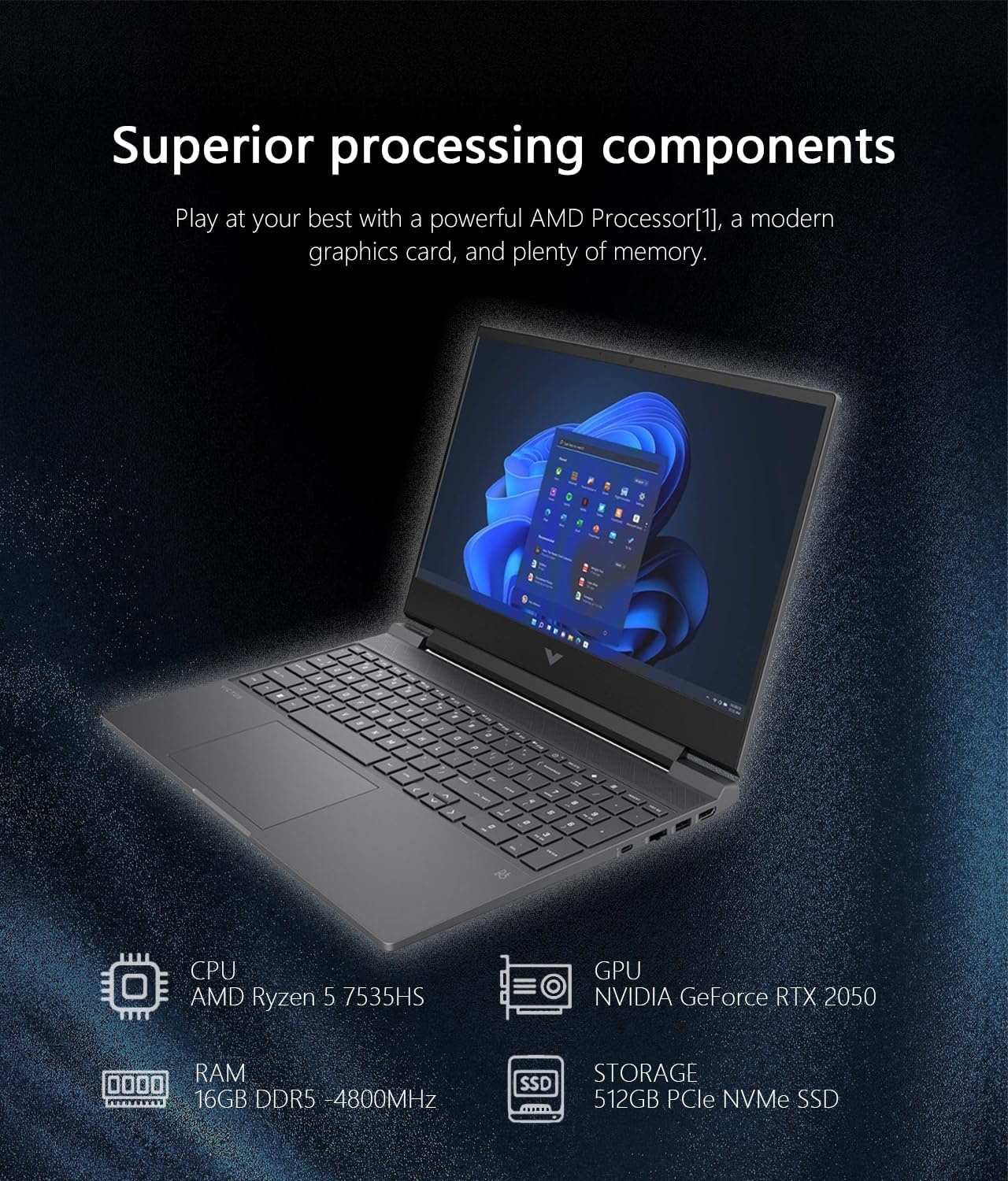 HP Victus 15.6" Full HD 144Hz Gaming Laptop, AMD Ryzen 5 7535HS, 16GB Memory, NVIDIA GeForce RTX 2050, 512GB SSD, Bluetooth, Wi-Fi, Backlit Keyboard, Windows 11, Mica Silver, W/GaLiMu