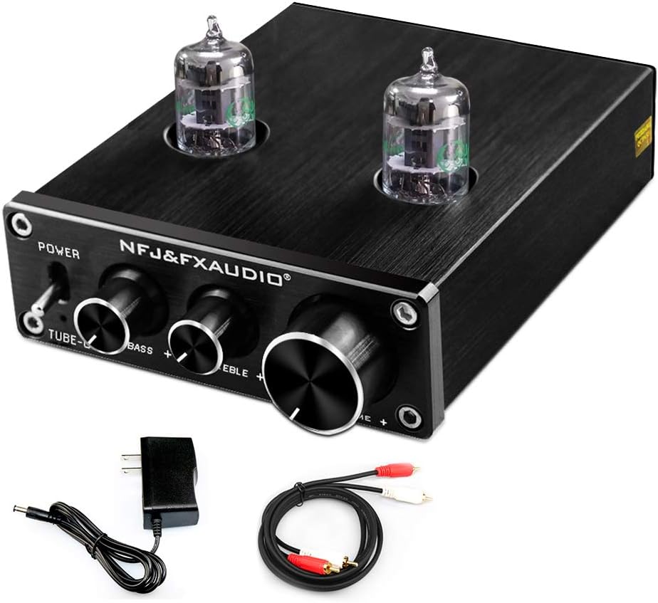 FX AUDIO GE5654 Tube Preamplifier for Home Audio HiFi Stereo Vacuum Buffer Tube Preamp with Bass and Treble Control with RCA Input/Output 12V/1A Power Supply(Black)