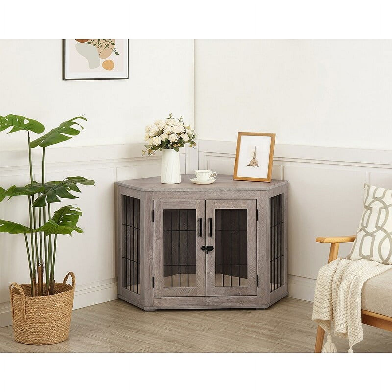 Corner Dog Crate Furniture, Wooden Dog Kennel End Table 26.77" H x 39.13" W x 25.59" D