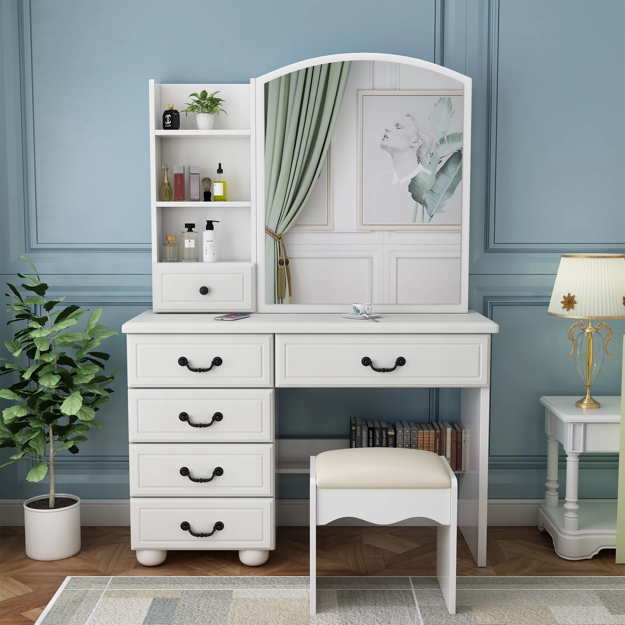 Leavader Vanity Desk with Mirror and Led Lights, Makeup Vanity Table Set with 3 Color Lighting Brightness Adjustable, 6 Drawers, White Color Dress Vanity Table