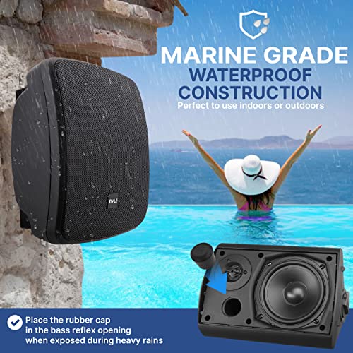 Pyle 5.25 Inch 2 Way Outdoor Waterproof Mountable Wireless Bluetooth Dual Speakers with Heavy Duty Grill Cabinet Enclosure, Black (2 Pack)