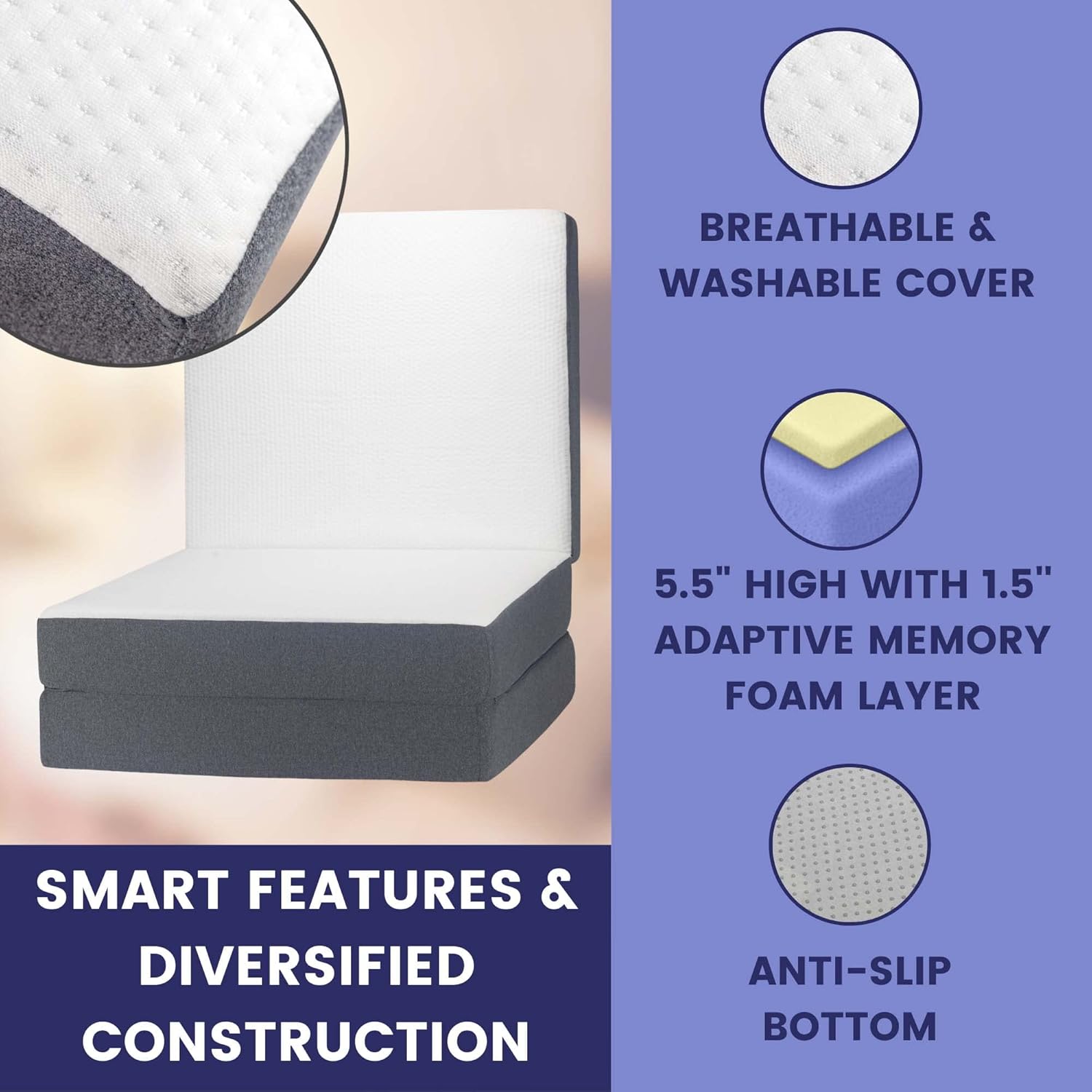 Trifold Mattress - Folding Mattress w/Carry Bag - 5.5 Inch Trifold Memory Foam Mattress, Soft Oeko-TEX Cover - Perfect Portable Guest Bed, Travel Mattress - Single Fold Up Mattress by DYNMC YOU