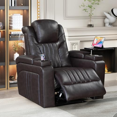 PU Leather Power Recliner Home Theater Recliner with Power Adjustable Headrest, Wireless Charging Device, USB Port, Storage Arms, Cup Holder and Swivel Tray Table for Living Room (Brown)