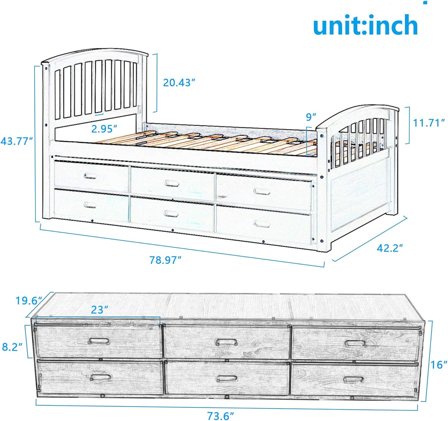 Harper & Bright Designs Twin Size Platform Storage Bed Solid Wood Captains Bed with 6 Drawers, No Box Spring Needed