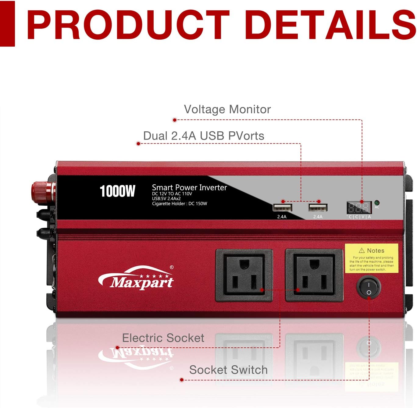Maxpart 1000W Power Inverters,Car Power Inverter 1000W Inverter 12v to 110v AC Converter with Dual AC Outlets 2.4A USB Inverter and Dual 12V Car Cigarette Lighter for Truck/RV Power Converter Car Pack of 2