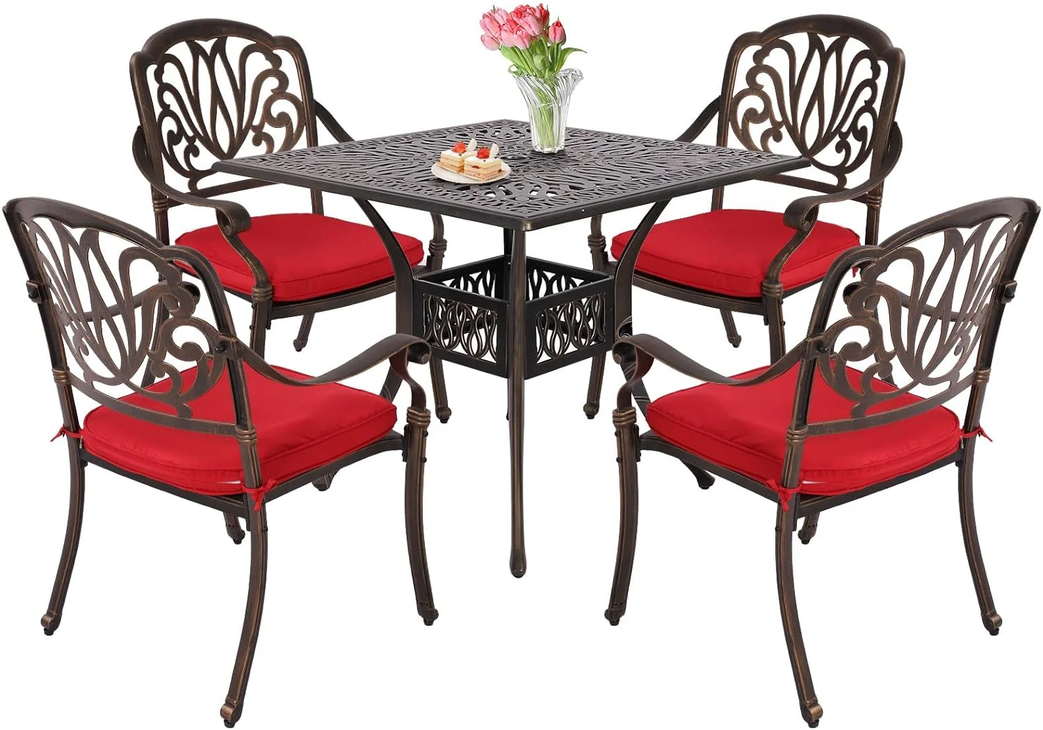 Haverchair 5 Piece Cast Aluminum Patio Dining Set Outdoor Furniture Set Patio Garden Set with 4 Dining Chairs with Red Cushion, 1 Patio Square Table, 2.2" Umbrella Hole Antique Bronze