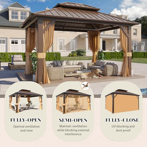 YOLENY 10' x 12' Hardtop Gazebo, Wood-Looking Gazebo with Galvanized Steel Double Roof, Aluminum Frame, Permanent Metal Pavilion with Netting and Curtains for Deck, Backyard, Patio and Lawns