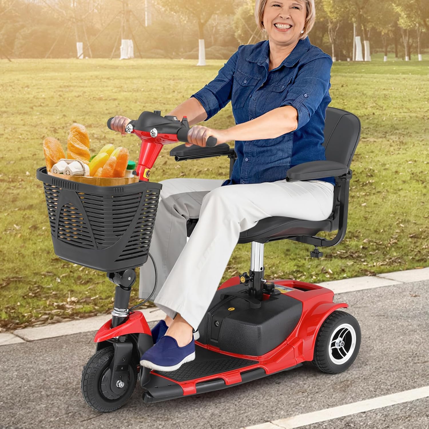 Athena Collection 3 Wheel Mobility Scooter Electric Wheelchair Scooter with Seat for Adults Seniors, Foldable Power Motorized Scooter Long Range Battery with Charger Headlights Basket, Red