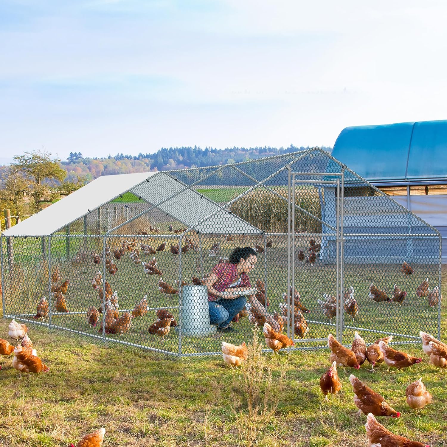 20 x 10 ft Large Metal Chicken Coop, Walk-in Poultry Cage Chicken Hen Run House with Waterproof Cover, Rabbits Cats Dogs Farm Pen for Outdoor Backyard Farm Garden