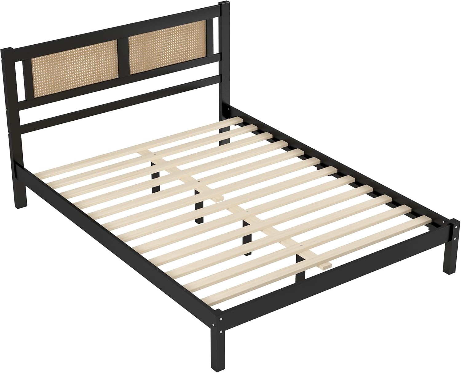 Queen Size Wooden Platform Bed with Natural Rattan Headboard, Exquisite Elegance with Minimalist Charm for Bedroom, Black