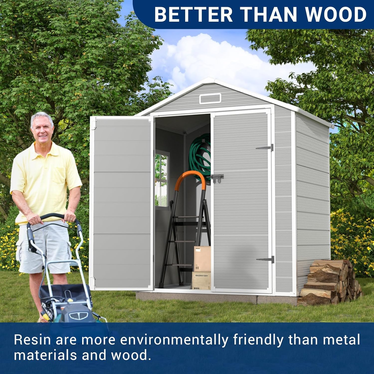 Outdoor Storage Shed, 6x4.5 FT Resin Shed with Floor and Lockable Door, Window & Vents, Tool Sheds & Outdoor Storage for Bike, Garbage Cans,Garden Accessories, Waterproof (Grey & White)