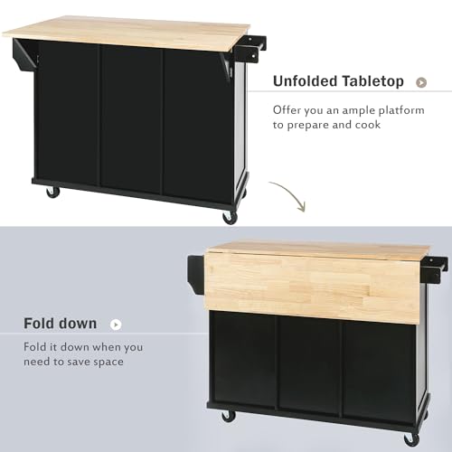 53.5Inch Kitchen Island with Power Outlet, Storage Cabinets Trolley with Drop Leaf, Spice Rack and Drawer, Rolling Kitchen Cart on Wheels, for Farmhouse and Dining Room, Black