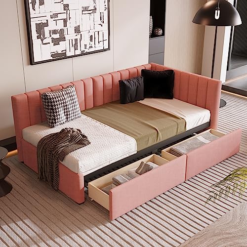 TRIPLE TREE Upholstered Daybed with 2 Storage Drawers,Twin Size Sofa Bed Frame No Box Spring Needed,Sofa Bed Couch for Bedroom Living Room,Linen Fabric,Gray
