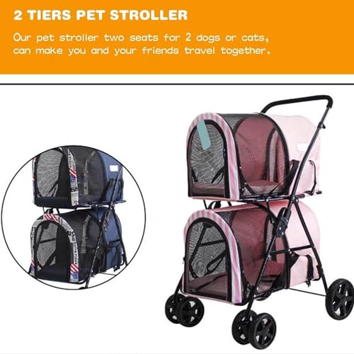 Folding Double Decker Pet Stroller, 4 Wheel Dog Stroller for Large Or 2 Dogs, Dog Stroller with Small Pocket, Pet Can Easily Walk in/Out Up to 22 Lbs,A