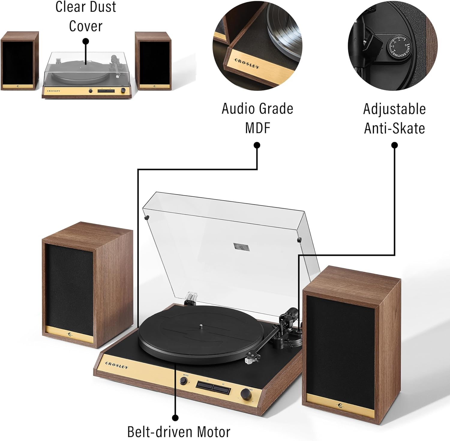 Crosley C72 2-Speed Belt-Drive Bluetooth Turntable Record Player with 80W Speakers and Carbon Fiber Tonearm, Walnut