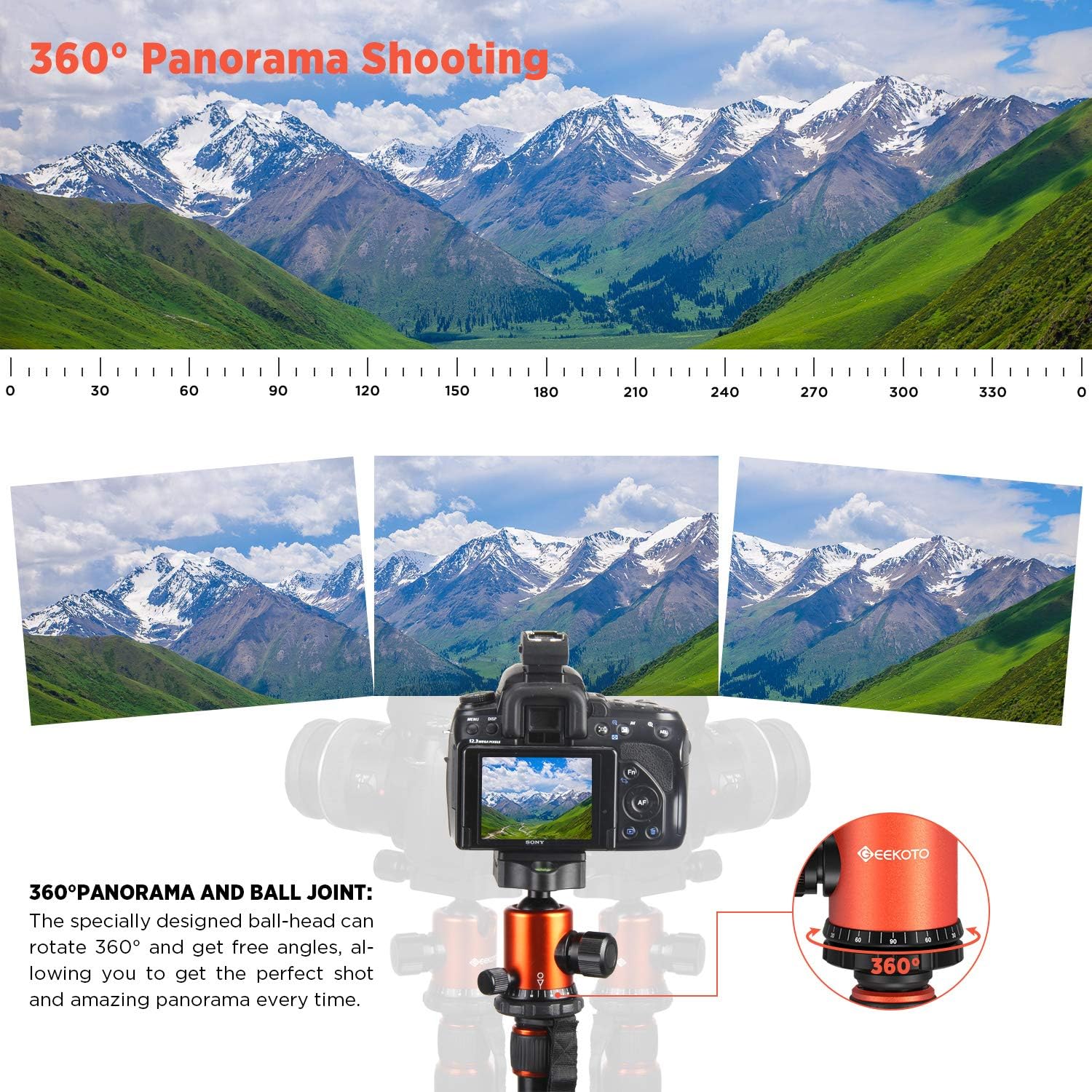 GEEKOTO 77'' Tripod, Camera Tripod for DSLR, Compact Aluminum Tripod with 360 Degree Ball Head and 8kgs Load for Travel and Work