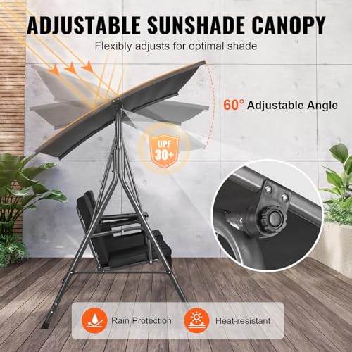 VEVOR 3-Seat Patio Swing Chair, Converting Canopy Swing, Outdoor Patio Porch with Adjustable Canopy, Removable Thick Cushion and Alloy Steel Frame, for Balcony, Backyard, Poolside, Brown