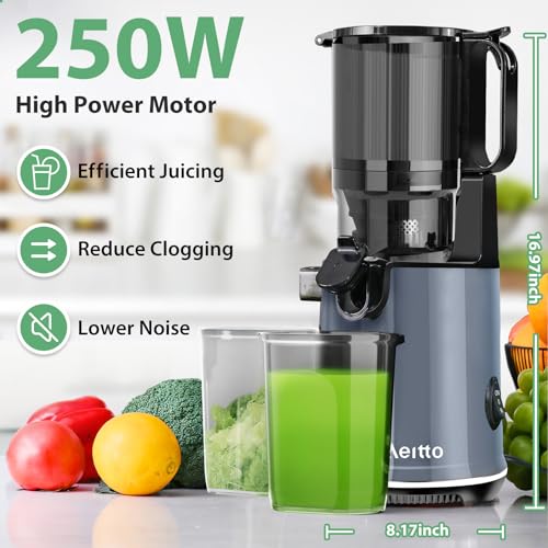 Juicer Machines,Aeitto Cold Press Juicer with 5.3“ Extra Large Feed Chute for Whole Fruits & Vegetables, Juice Extractor Machine, Self Feeding, Easy to Clean, High Juice Yield, Black