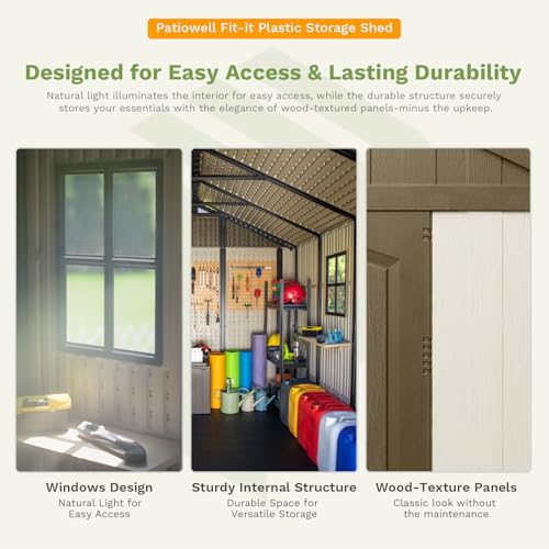 Patiowell 8 x 12 FT Plastic Outdoor Storage Shed with Floor, Resin Shed with Window and Lockable Door for Garden, Backyard, Tool Storage Use, Easy to Install in Beige (Kick-it Shed)