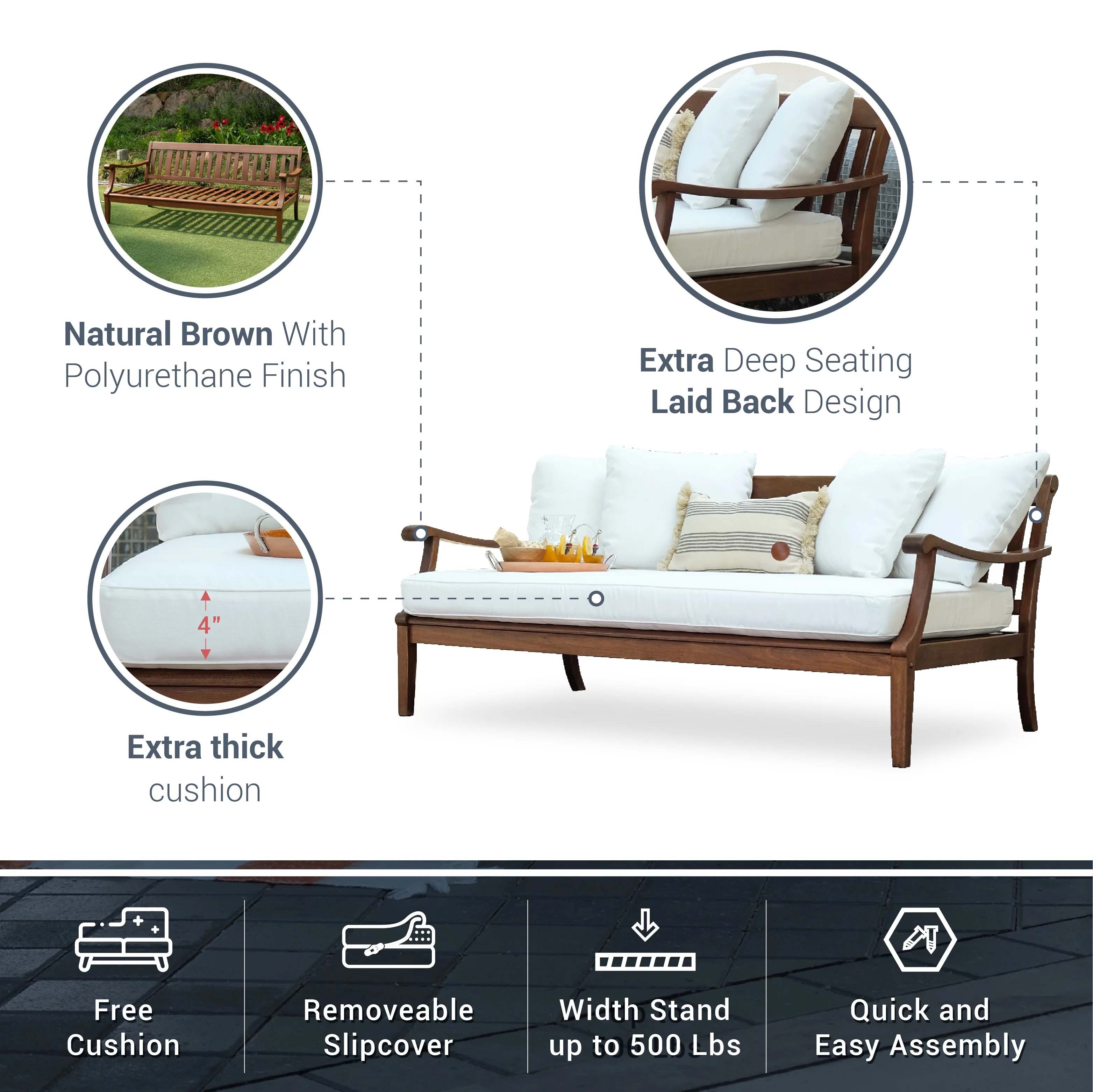 Alston Wood Outdoor Sofa Daybed with Blue Spruce Cushion