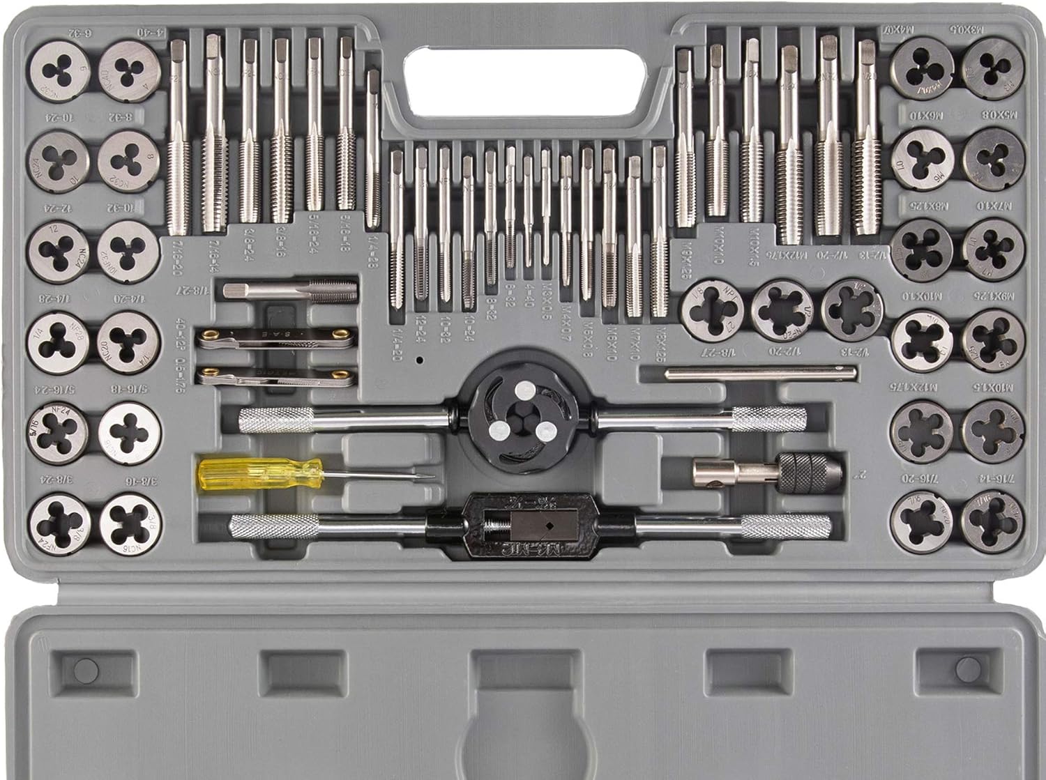 60 PCS Tap and Die Set Metric and Standard Sizes Included Tap Die Kit Metric and SAE for Threading and Rethreading Internal and External Threads Pack of 2