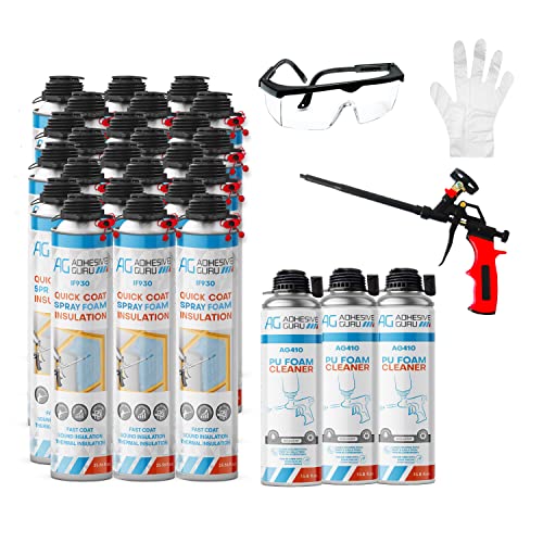 Adhesive Guru Spray Foam Insulation Kit ( 6 x 32.80 oz), Polyurethane Self-Expanding Spray Adhesive Foam, Closed Cell Heat Insulation Foam and Acustic Spray with Foam Cleaner and Dispensing Gun
