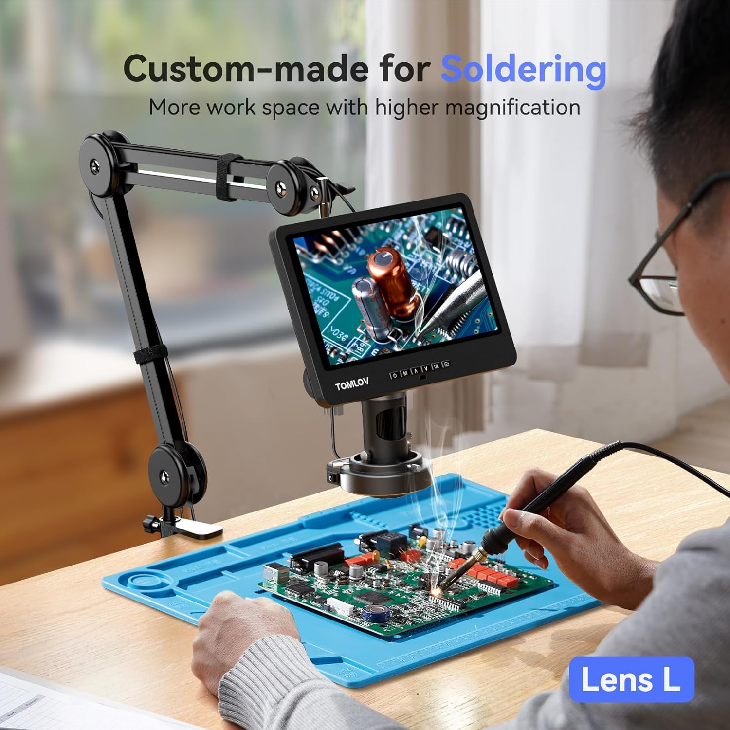 TOMLOV DM602 Flex Digital Soldering Microscope 2000x, Flexible Arm, 10.1" HDMI Microscope with 3 Lens, Coin Microscope with Ring Light, Adults LCD Video Microscope, Electronic Repair Mat Included,64GB