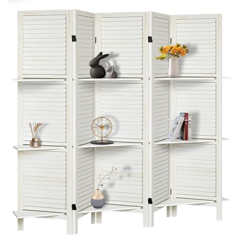 Room Divider with Shelves, Privacy Screen, Room Dividers and Folding Privacy Screens, 5 Panel Wood Temporary Wall Partition Separation Separator, Coconut