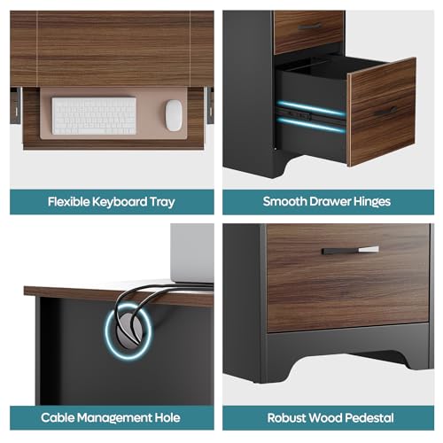 Bestier 59” Computer Desk with 4 Drawers, Office Desk with Storage, Industrial Executive Desk with File Drawer, Keyboard Tray & 2 Pedestals for Home Office & Studio, Cherry