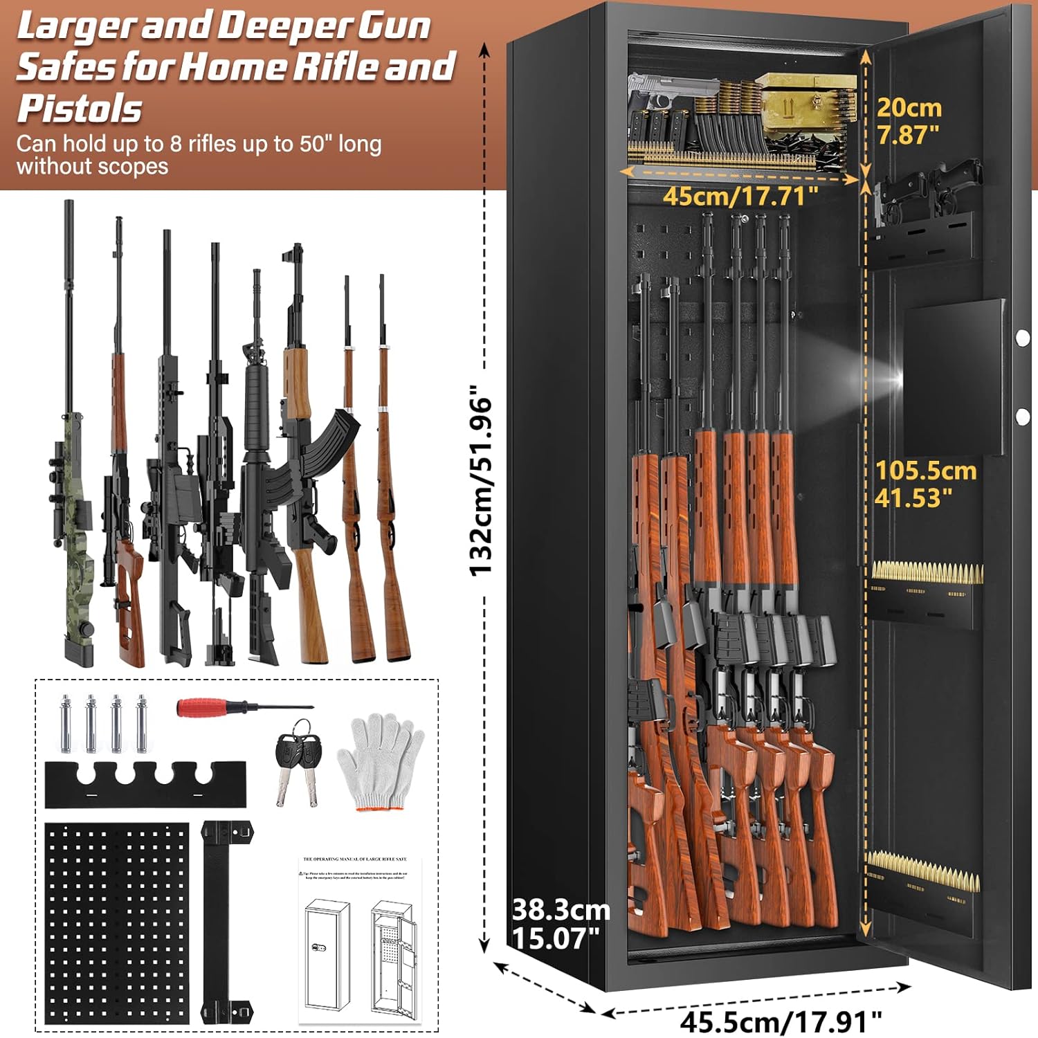 [𝟐𝟎𝟐𝟒 𝐍𝐄𝐖] 7-8 Fireproof Gun Safes for Home Rifle and Pistols, Heavy Duty Gun Cabinet for Rifles and Shotguns, Quick Access Gun Safes & Cabinets with Digital Keypad & Silent Mode-Black
