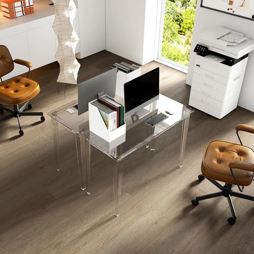 HMYHUM Acrylic Computer Desk, 43.3 Inch, Clear Study Desk for Home Office, Writing, Vanity, Modern, Easy Assembly, 19.7" W x 29.5" H, Right-Angle Legs Design